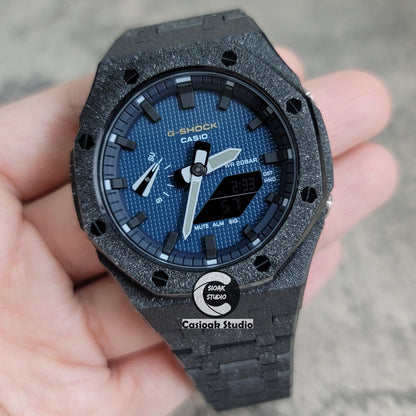 Casioak Mod Watch Frosted Black Case Metal Strap Blue Black Time Mark Blue Waffle Dial 44mm- Casioak Mod Casio G-Shock Royal Oak Custom Mens Luxury Watches Ga2100