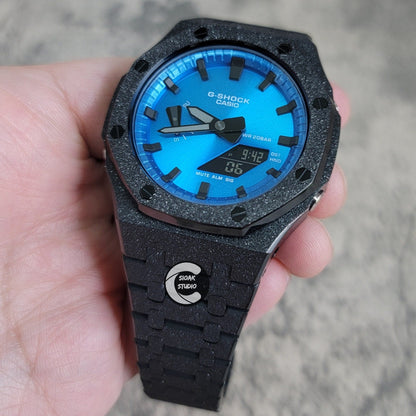 Casioak Mod Watch Frosted Black Case Metal Strap Blue Black Time Mark Metallic Blue Dial 44mm Gift men- Casioak Mod Casio G-Shock Royal Oak Custom Mens Luxury Watches Ga2100