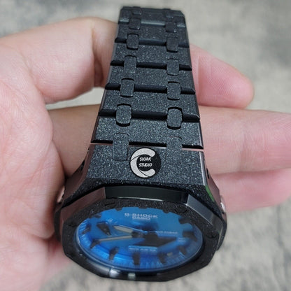 Casioak Mod Watch Frosted Black Case Metal Strap Blue Black Time Mark Metallic Blue Dial 44mm Gift men- Casioak Mod Casio G-Shock Royal Oak Custom Mens Luxury Watches Ga2100