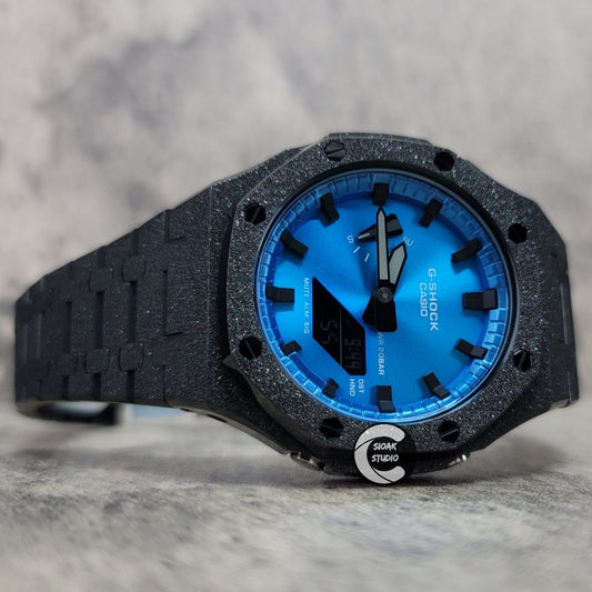 Casioak Mod Watch Frosted Black Case Metal Strap Blue Black Time Mark Metallic Blue Dial 44mm Gift men- Casioak Mod Casio G-Shock Royal Oak Custom Mens Luxury Watches Ga2100