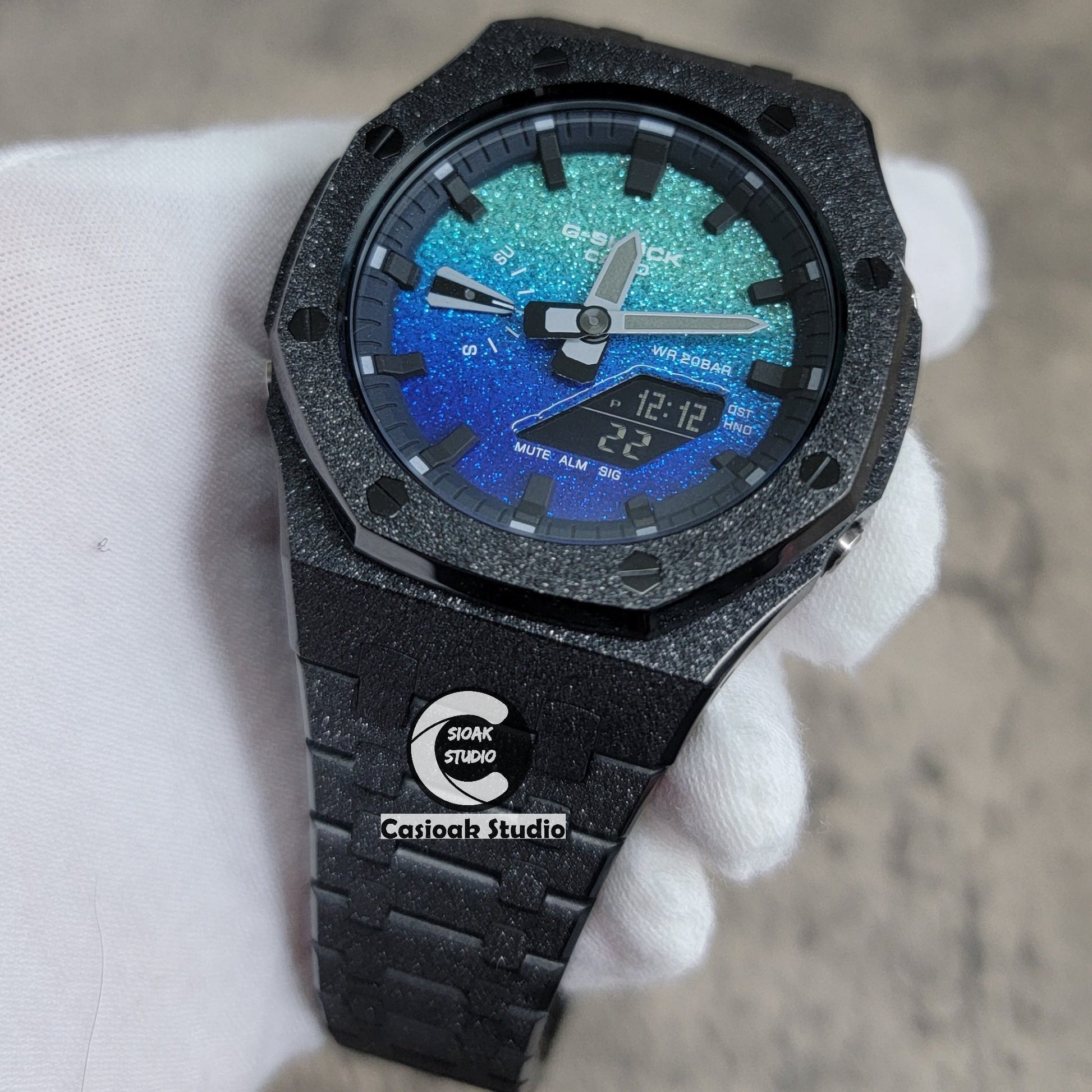 Casioak Mod Watch Frosted Black Case Metal Strap Blue Black Time Mark Starry Blue Dial 44mm- Casioak Mod Casio G-Shock Royal Oak Custom Mens Luxury Watches Ga2100