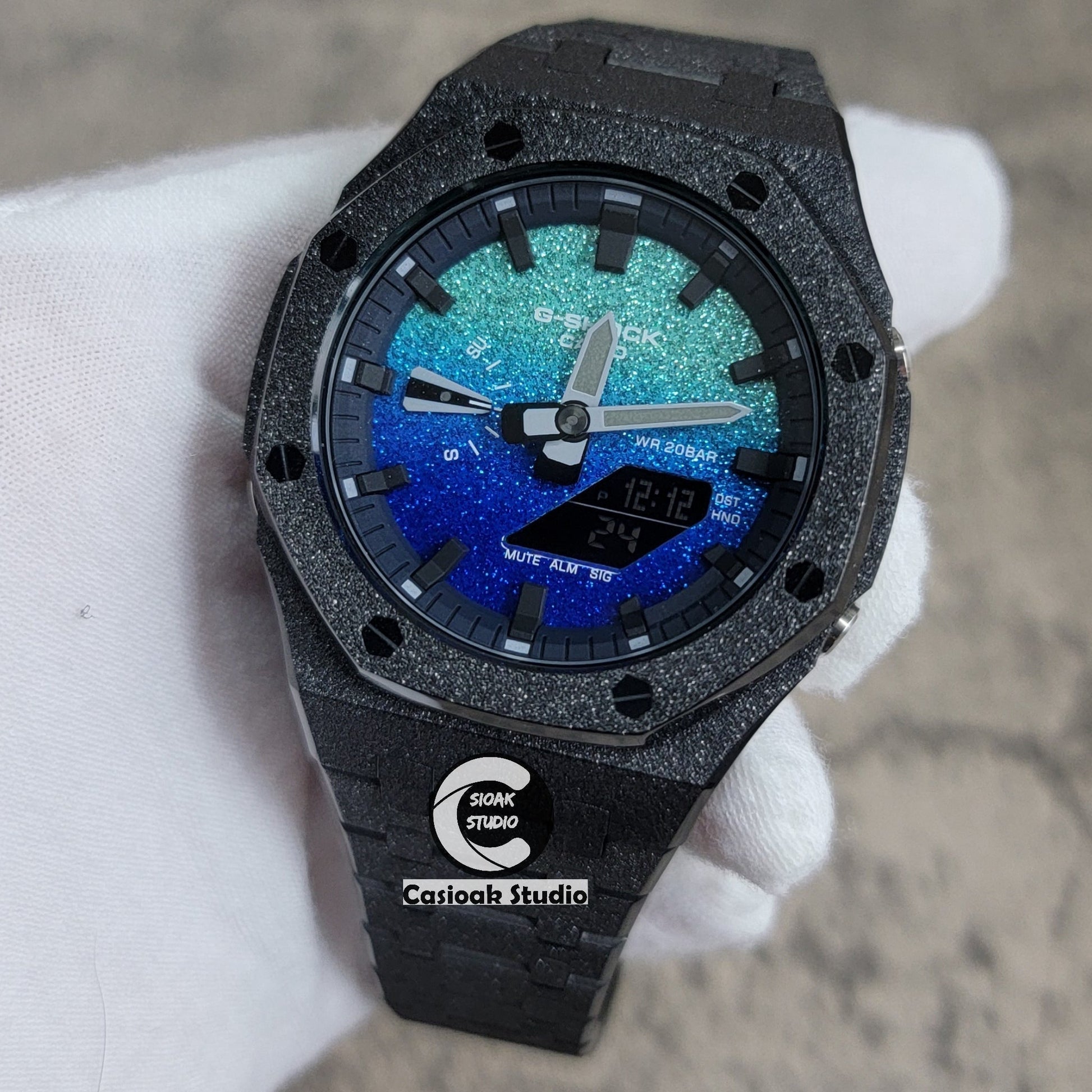 Casioak Mod Watch Frosted Black Case Metal Strap Blue Black Time Mark Starry Blue Dial 44mm- Casioak Mod Casio G-Shock Royal Oak Custom Mens Luxury Watches Ga2100