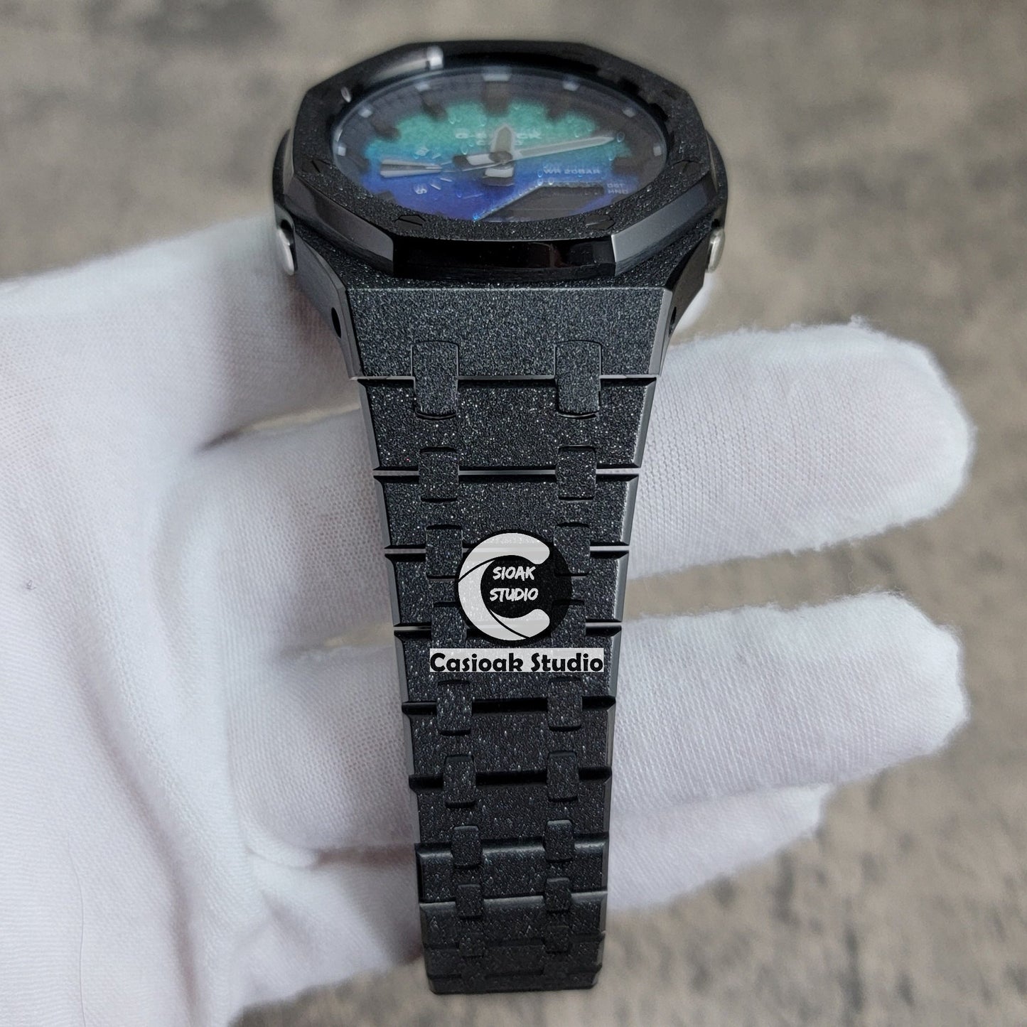 Casioak Mod Watch Frosted Black Case Metal Strap Blue Black Time Mark Starry Blue Dial 44mm- Casioak Mod Casio G-Shock Royal Oak Custom Mens Luxury Watches Ga2100