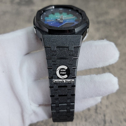 Casioak Mod Watch Frosted Black Case Metal Strap Blue Black Time Mark Starry Blue Dial 44mm- Casioak Mod Casio G-Shock Royal Oak Custom Mens Luxury Watches Ga2100