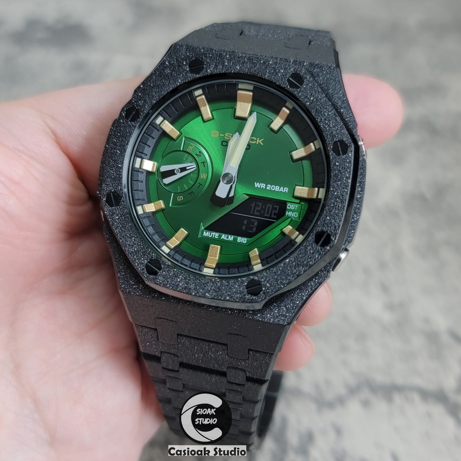 Casioak Mod Watch Frosted Black Case Metal Strap Gold Time Mark Green Dial 44mm- Casioak Mod Casio G-Shock Royal Oak Custom Mens Luxury Watches Ga2100