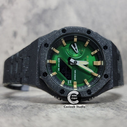 Casioak Mod Watch Frosted Black Case Metal Strap Gold Time Mark Green Dial 44mm- Casioak Mod Casio G-Shock Royal Oak Custom Mens Luxury Watches Ga2100