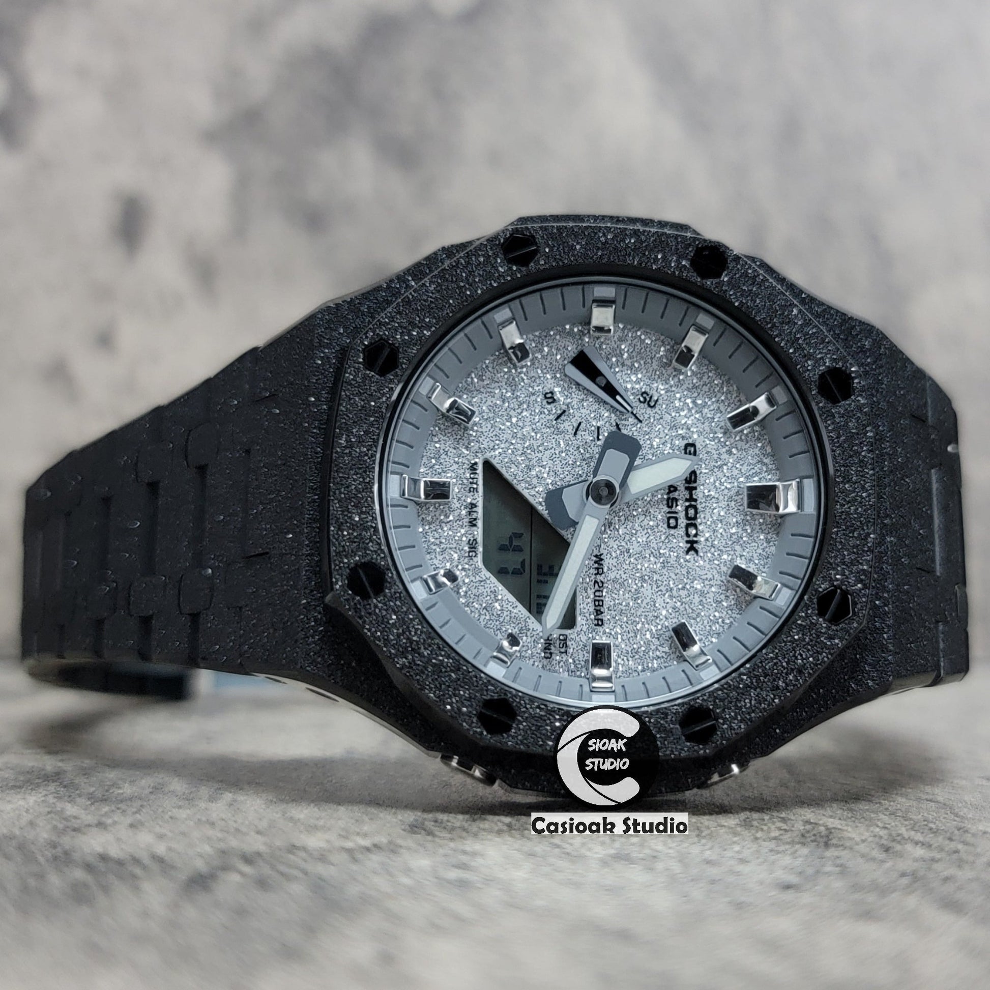 Casioak Mod Watch Frosted Black Case Metal Strap Gray Silver Time Mark Starry Silver Dial 44mm- Casioak Mod Casio G-Shock Royal Oak Custom Mens Luxury Watches Ga2100