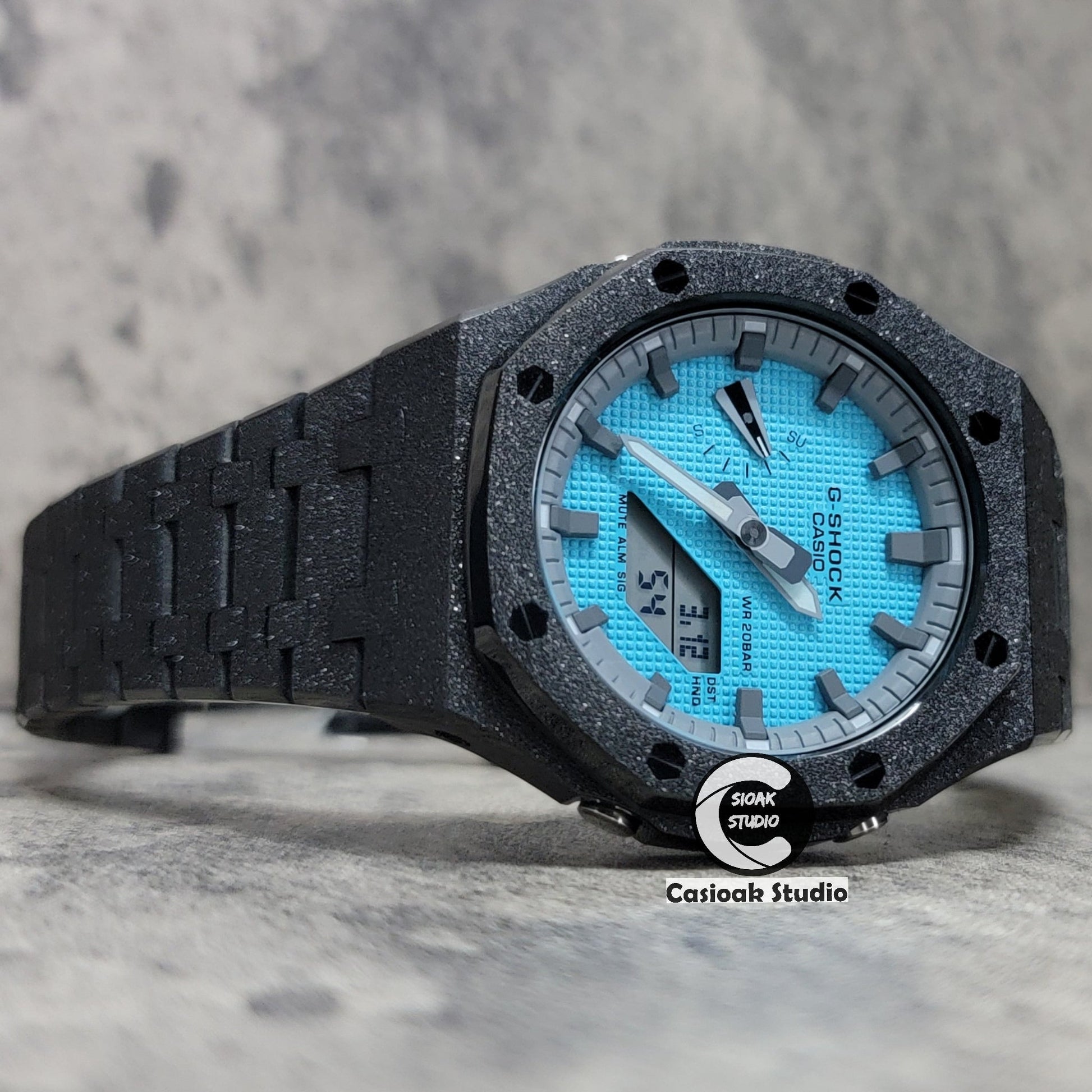 Casioak Mod Watch Frosted Black Case Metal Strap Gray Time Mark Blue Dial 44mm- Casioak Mod Casio G-Shock Royal Oak Custom Mens Luxury Watches Ga2100