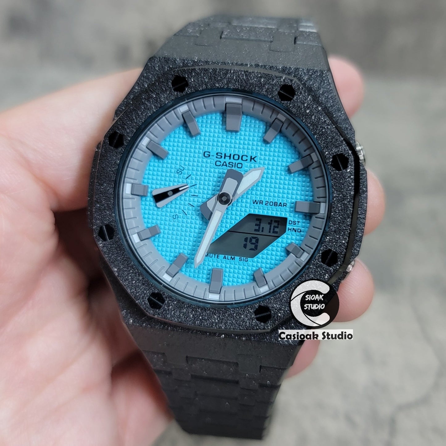 Casioak Mod Watch Frosted Black Case Metal Strap Gray Time Mark Blue Dial 44mm- Casioak Mod Casio G-Shock Royal Oak Custom Mens Luxury Watches Ga2100