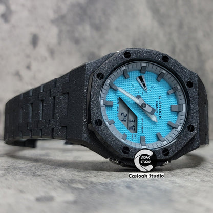 Casioak Mod Watch Frosted Black Case Metal Strap Gray Time Mark Blue Dial 44mm- Casioak Mod Casio G-Shock Royal Oak Custom Mens Luxury Watches Ga2100