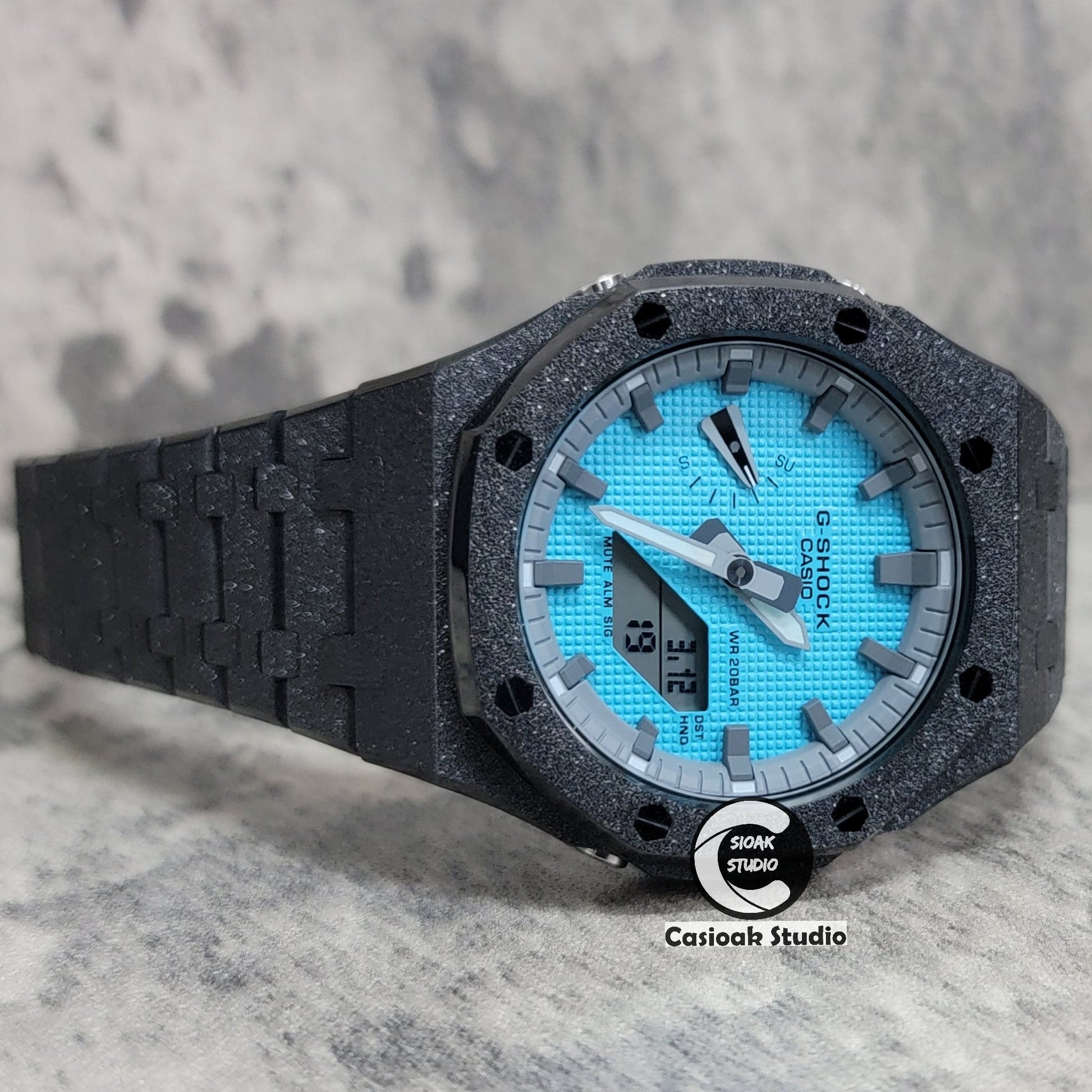 Casioak Mod Watch Frosted Black Case Metal Strap Gray Time Mark Tiff Blue Dial 44mm- Casioak Mod Casio G-Shock Royal Oak Custom Mens Luxury Watches Ga2100