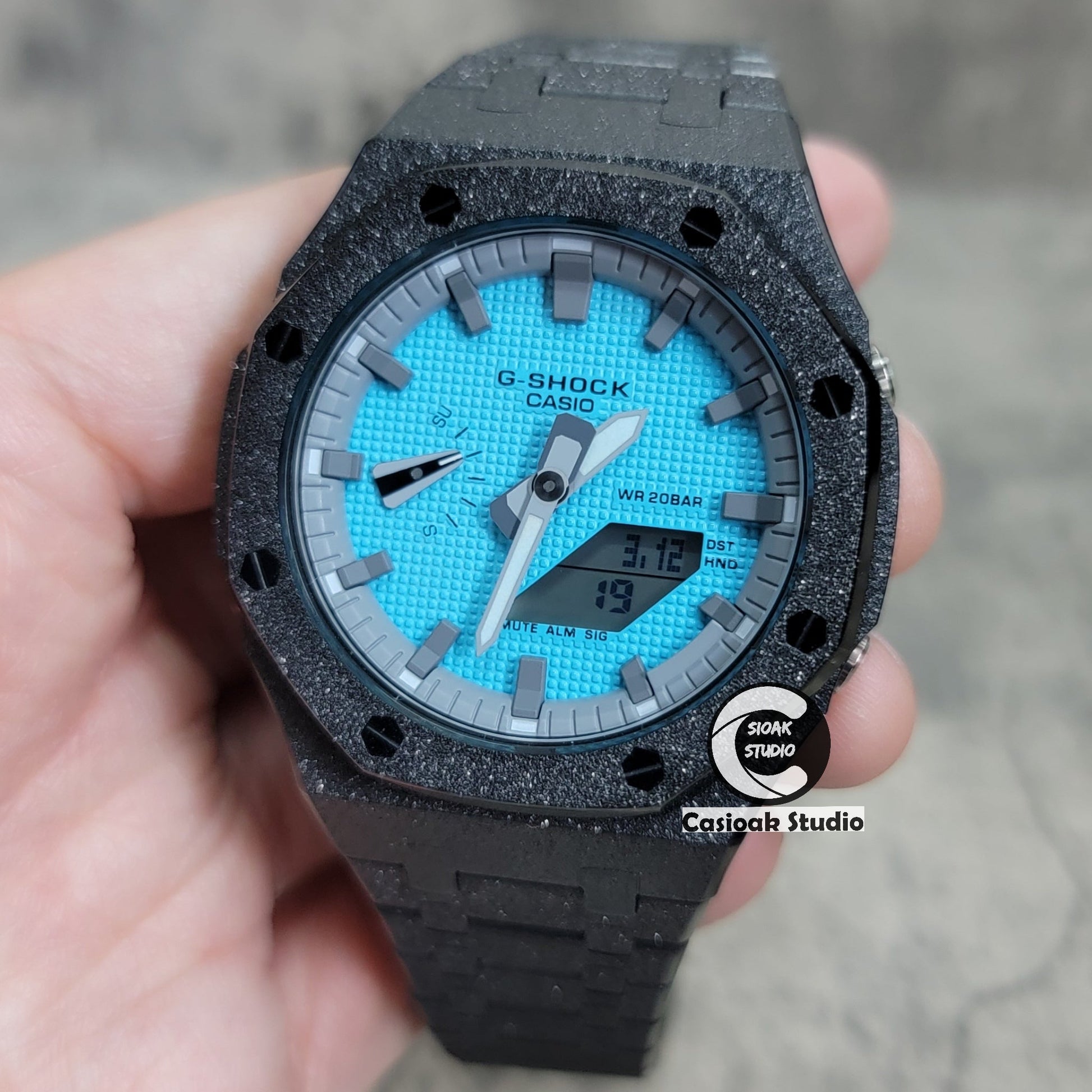 Casioak Mod Watch Frosted Black Case Metal Strap Gray Time Mark Tiff Blue Dial 44mm- Casioak Mod Casio G-Shock Royal Oak Custom Mens Luxury Watches Ga2100