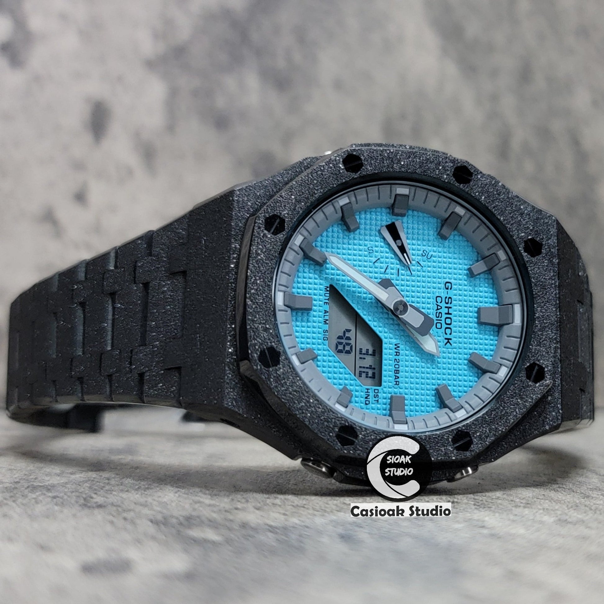 Casioak Mod Watch Frosted Black Case Metal Strap Gray Time Mark Tiff Blue Dial 44mm- Casioak Mod Casio G-Shock Royal Oak Custom Mens Luxury Watches Ga2100