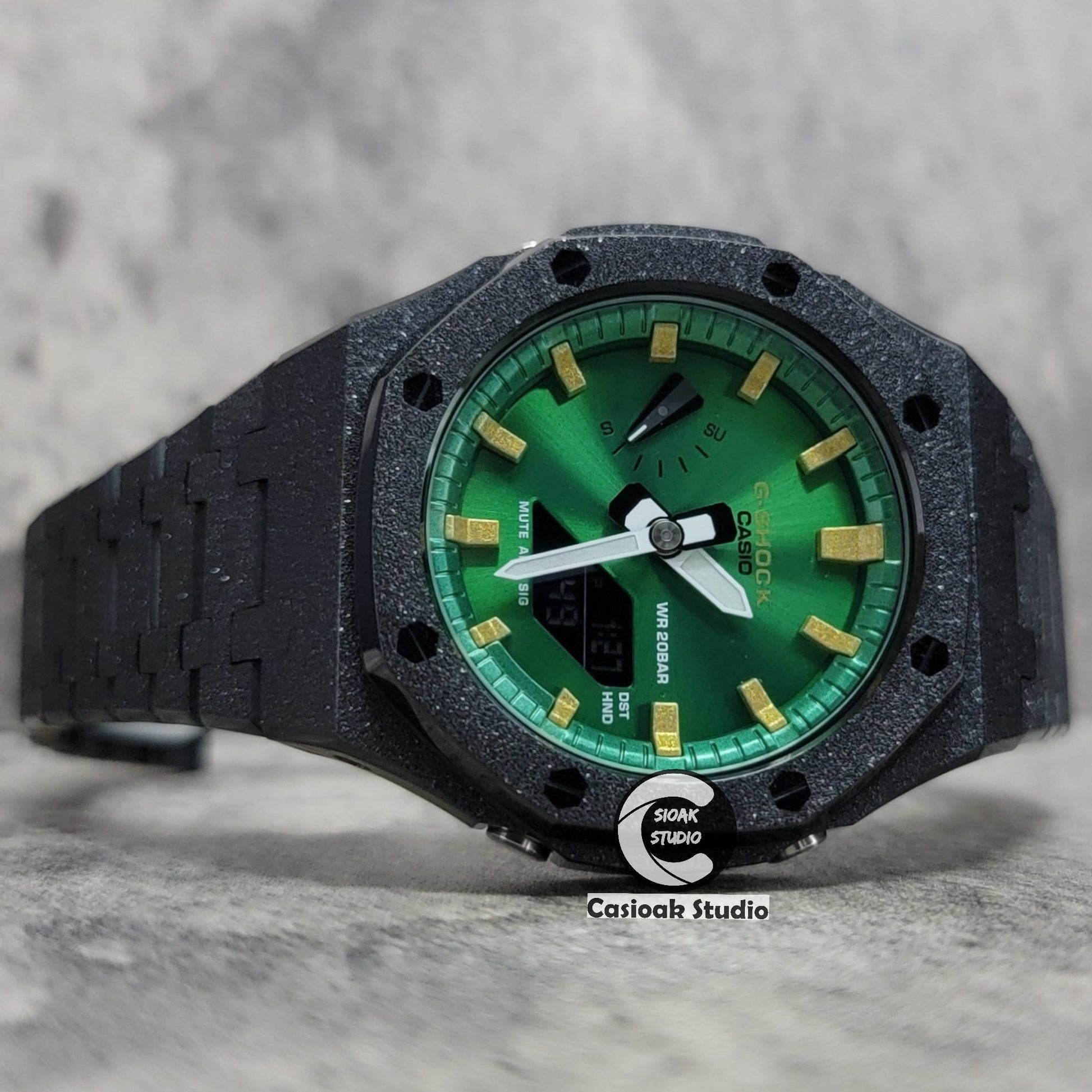 Casioak Mod Watch Frosted Black Case Metal Strap Green Gold Time Mark Green Dial 44mm- Casioak Mod Casio G-Shock Royal Oak Custom Mens Luxury Watches Ga2100