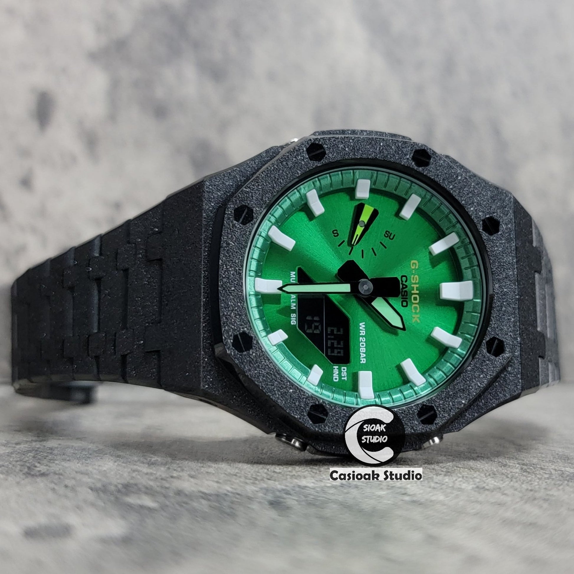 Casioak Mod Watch Frosted Black Case Metal Strap Green White Time Mark Green Dial 44mm- Casioak Mod Casio G-Shock Royal Oak Custom Mens Luxury Watches Ga2100