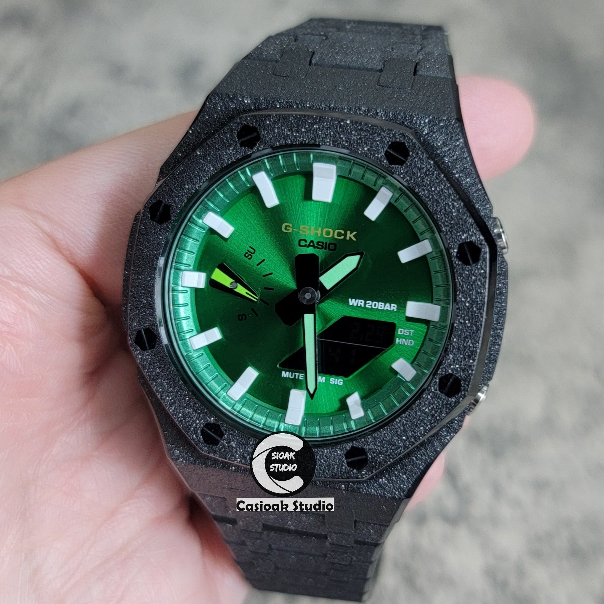 Casioak Mod Watch Frosted Black Case Metal Strap Green White Time Mark Green Dial 44mm- Casioak Mod Casio G-Shock Royal Oak Custom Mens Luxury Watches Ga2100