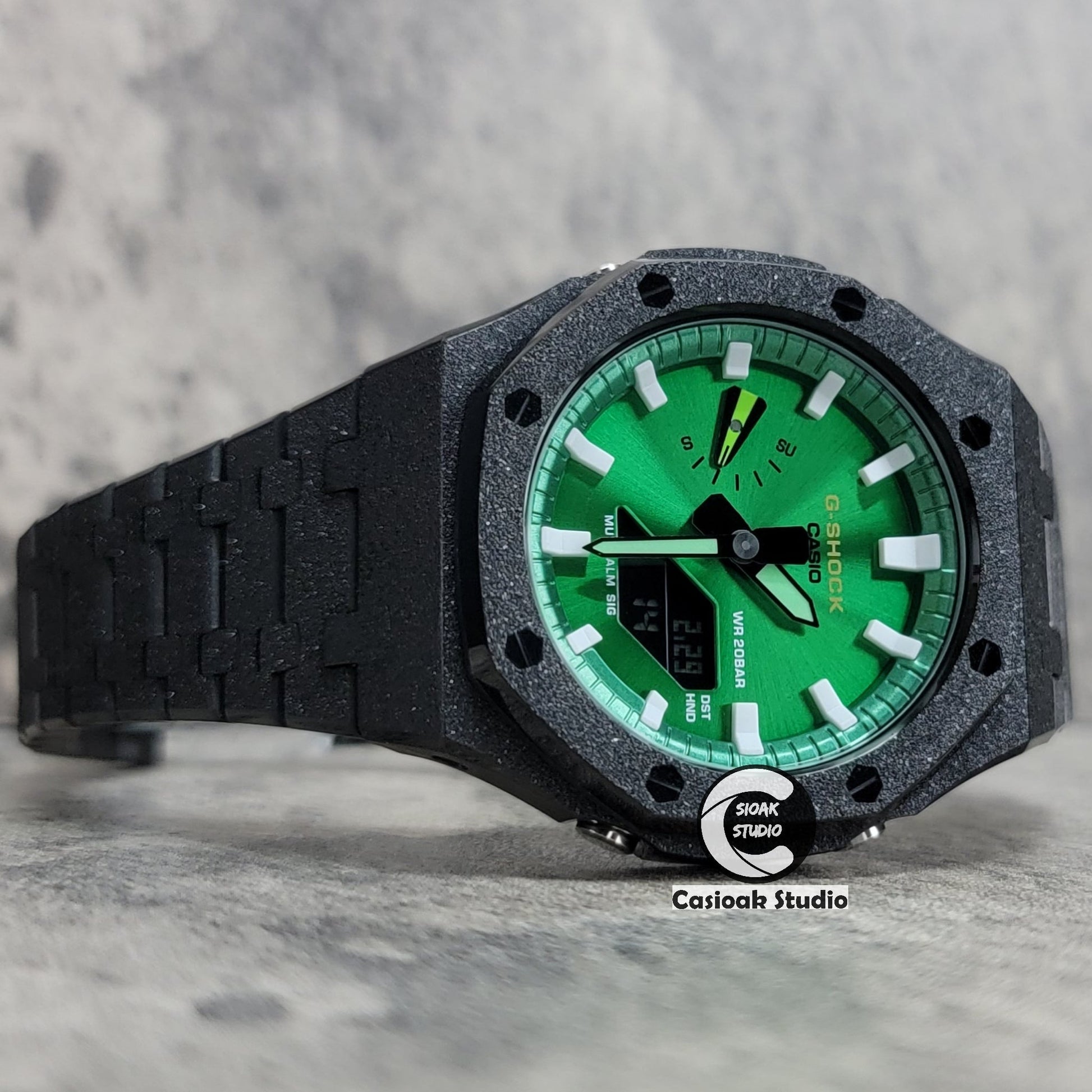 Casioak Mod Watch Frosted Black Case Metal Strap Green White Time Mark Green Dial 44mm- Casioak Mod Casio G-Shock Royal Oak Custom Mens Luxury Watches Ga2100