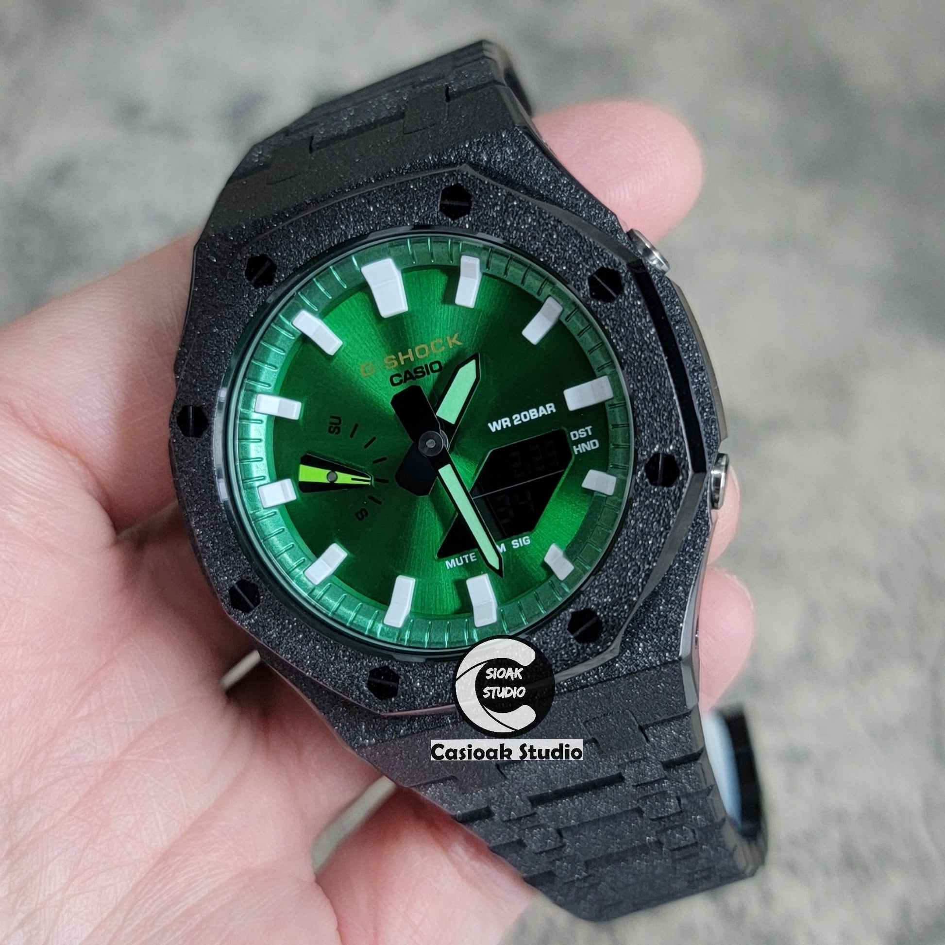 Casioak Mod Watch Frosted Black Case Metal Strap Green White Time Mark Green Dial 44mm- Casioak Mod Casio G-Shock Royal Oak Custom Mens Luxury Watches Ga2100