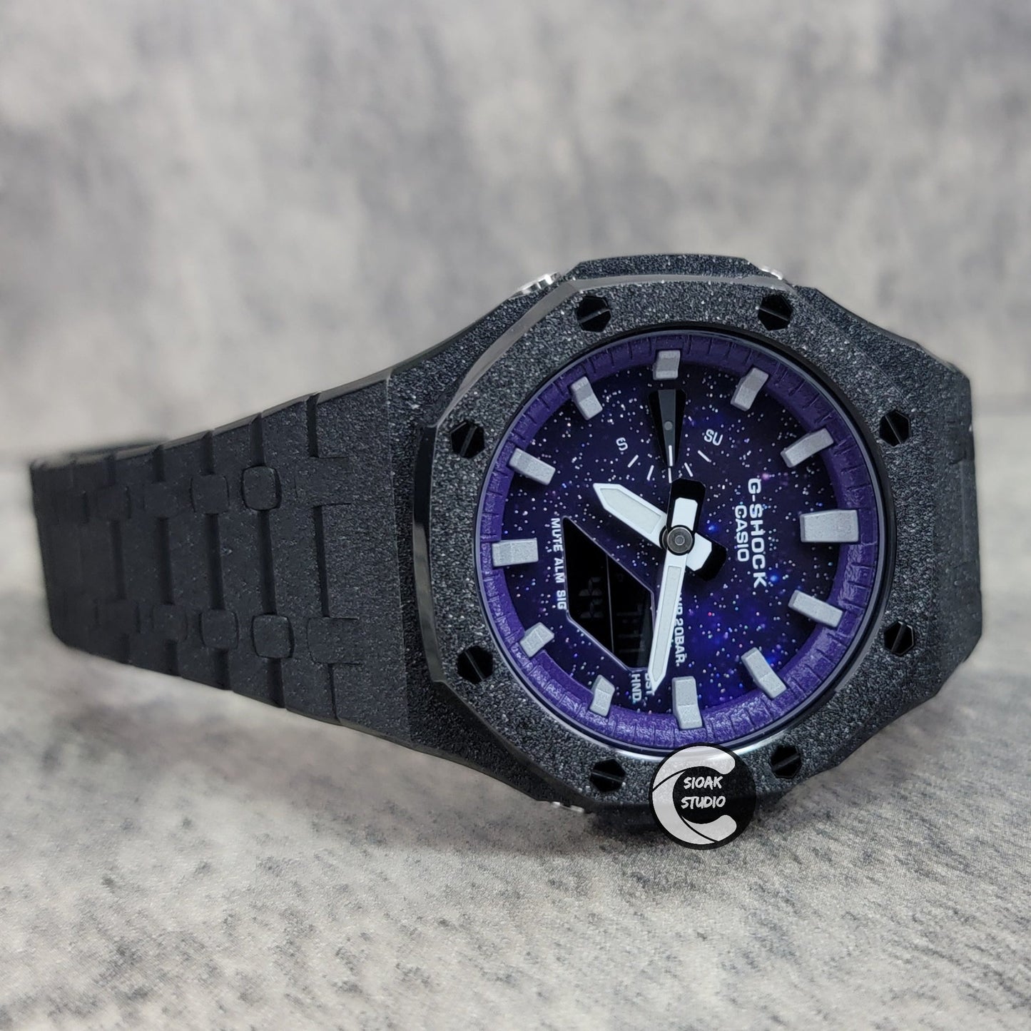 Casioak Mod Watch Frosted Black Case Metal Strap Purple Silver Time Mark Purple Dial 44mm- Casioak Mod Casio G-Shock Royal Oak Custom Mens Luxury Watches Ga2100