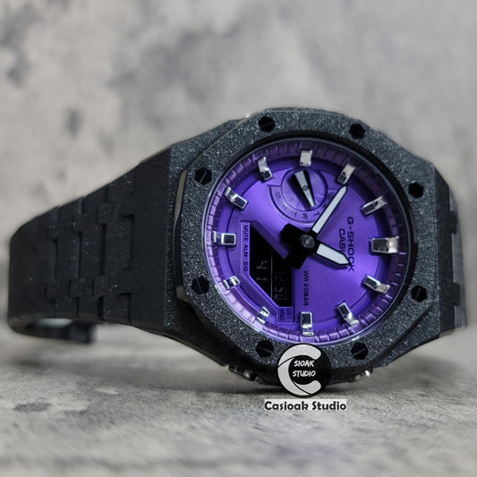 Casioak Mod Watch Frosted Black Case Metal Strap Purple Silver Time Mark Purple Dial 44mm- Casioak Mod Casio G-Shock Royal Oak Custom Mens Luxury Watches Ga2100