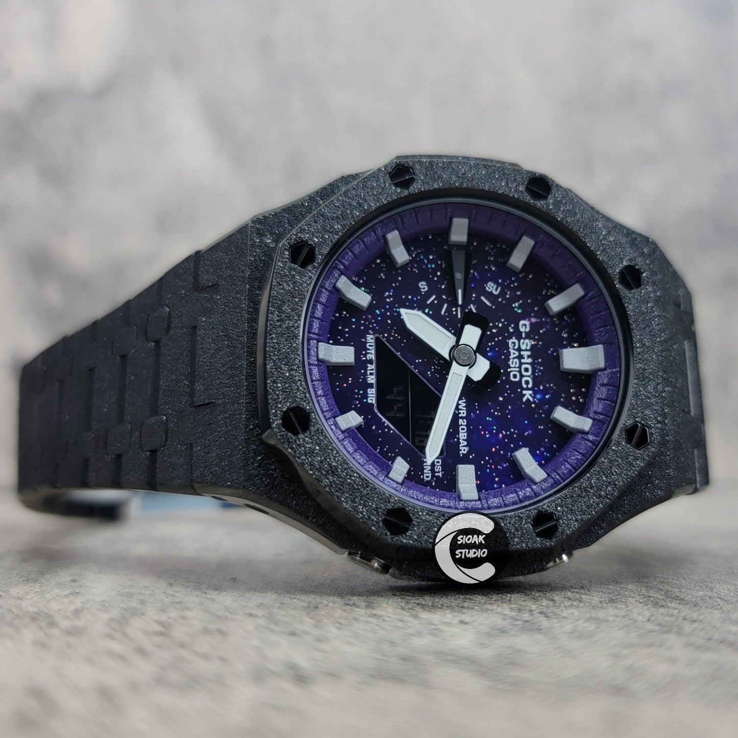 Casioak Mod Watch Frosted Black Case Metal Strap Purple Silver Time Mark Purple Dial 44mm- Casioak Mod Casio G-Shock Royal Oak Custom Mens Luxury Watches Ga2100