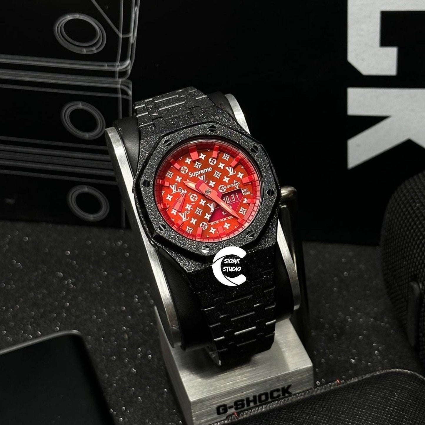 Casioak Mod Watch Frosted Black Case Metal Strap Red Time Mark Red Dial 44mm- Casioak Mod Casio G-Shock Royal Oak Custom Mens Luxury Watches Ga2100