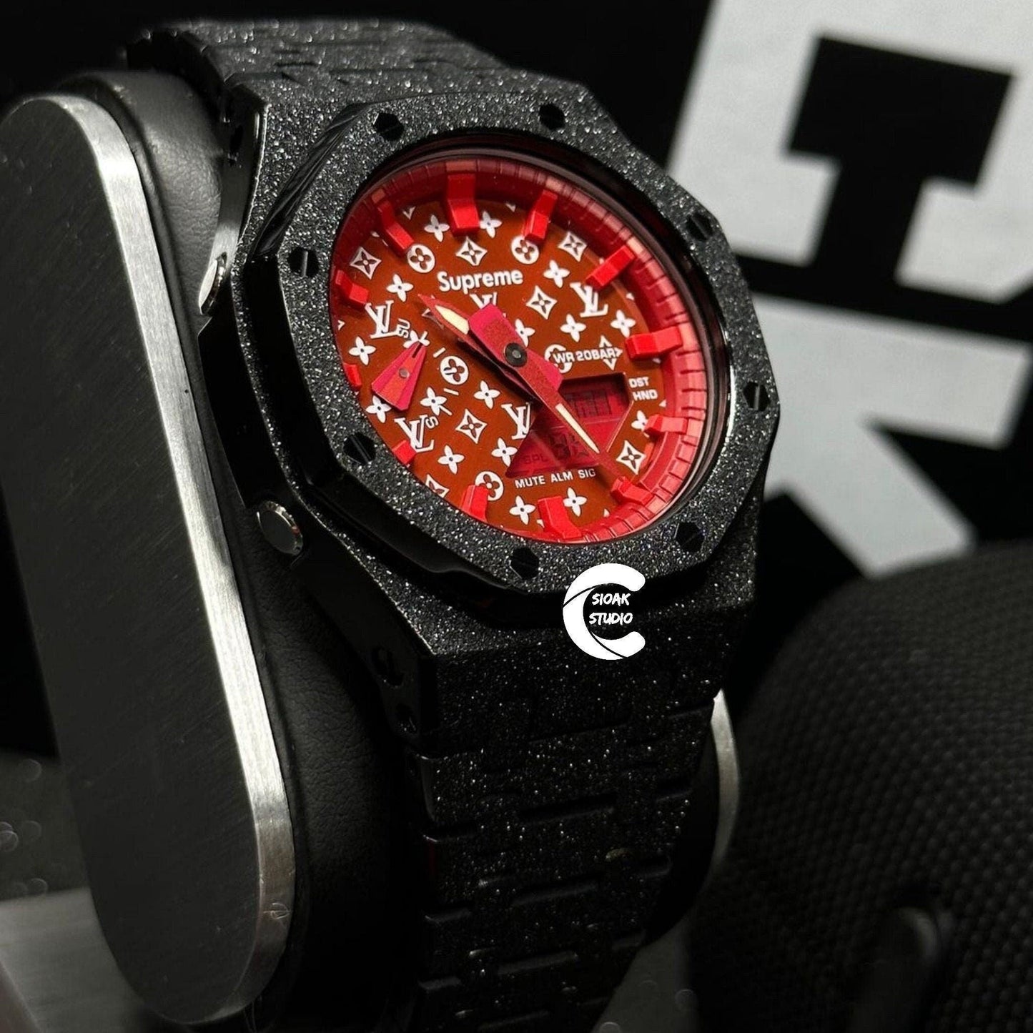 Casioak Mod Watch Frosted Black Case Metal Strap Red Time Mark Red Dial 44mm- Casioak Mod Casio G-Shock Royal Oak Custom Mens Luxury Watches Ga2100