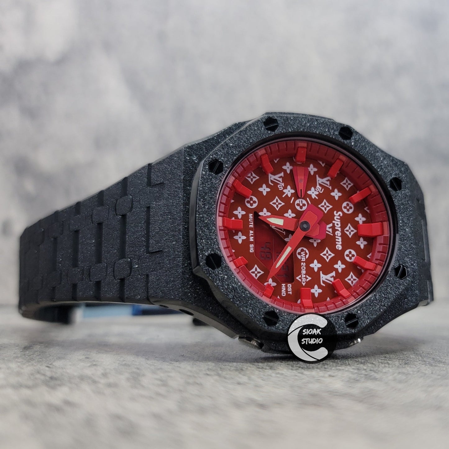 Casioak Mod Watch Frosted Black Case Metal Strap Red Time Mark Red Dial 44mm- Casioak Mod Casio G-Shock Royal Oak Custom Mens Luxury Watches Ga2100