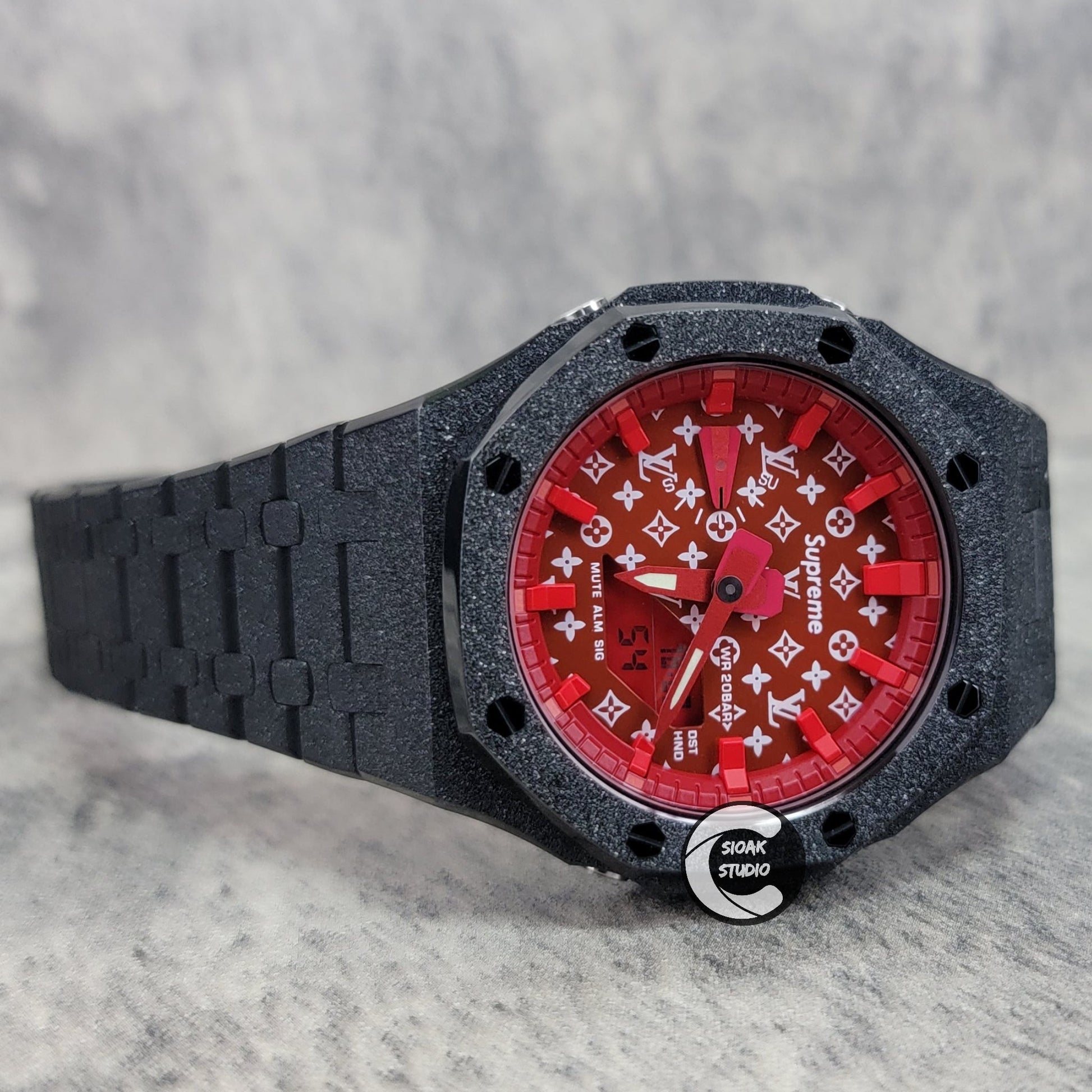 Casioak Mod Watch Frosted Black Case Metal Strap Red Time Mark Red Dial 44mm- Casioak Mod Casio G-Shock Royal Oak Custom Mens Luxury Watches Ga2100