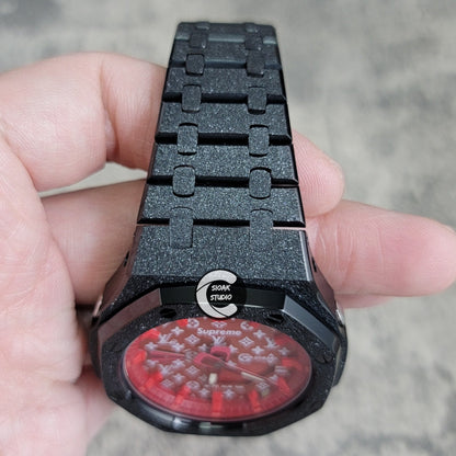 Casioak Mod Watch Frosted Black Case Metal Strap Red Time Mark Red Dial 44mm- Casioak Mod Casio G-Shock Royal Oak Custom Mens Luxury Watches Ga2100