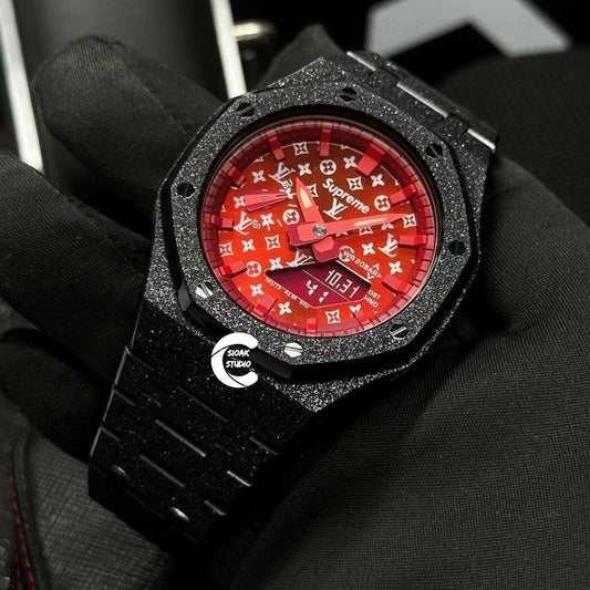 Casioak Mod Watch Frosted Black Case Metal Strap Red Time Mark Red Dial 44mm- Casioak Mod Casio G-Shock Royal Oak Custom Mens Luxury Watches Ga2100