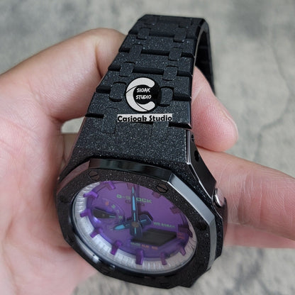 Casioak Mod Watch Frosted Black Case Metal Strap Silver Purple Time Mark Purple Dial 44mm- Casioak Mod Casio G-Shock Royal Oak Custom Mens Luxury Watches Ga2100