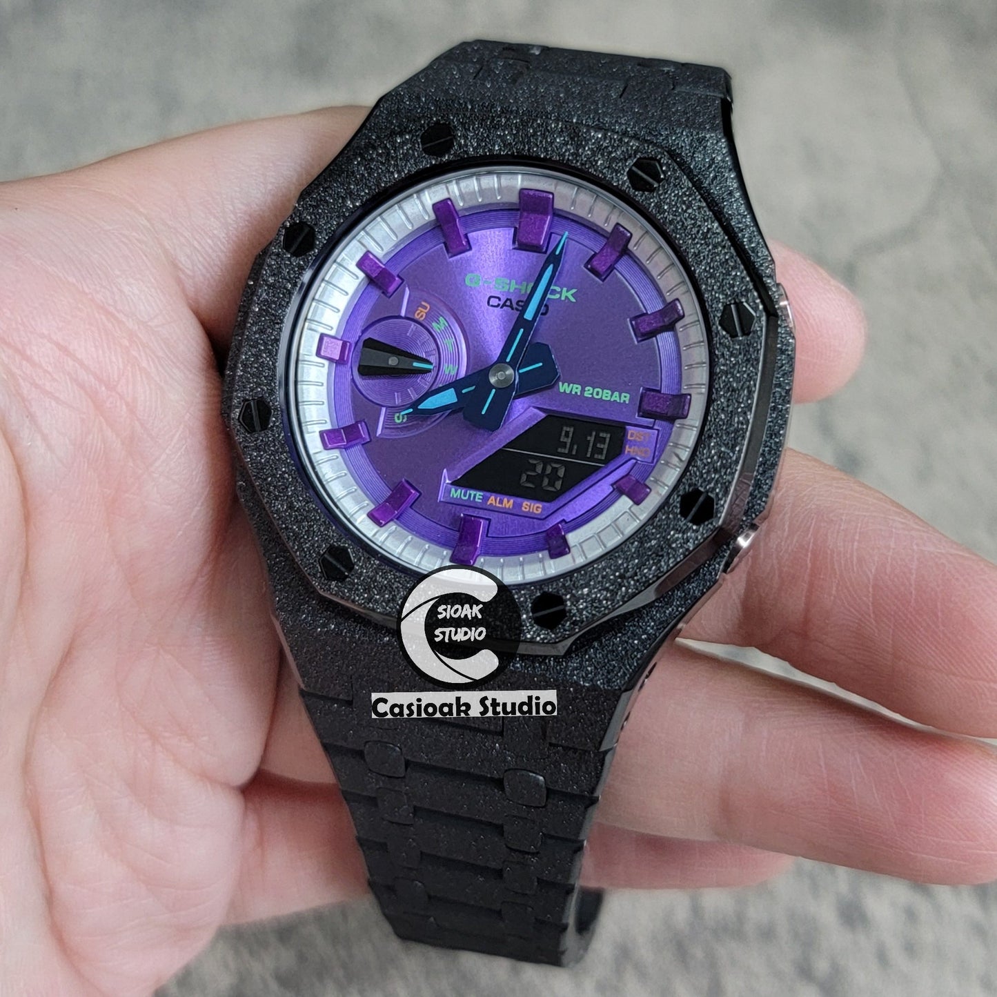 Casioak Mod Watch Frosted Black Case Metal Strap Silver Purple Time Mark Purple Dial 44mm- Casioak Mod Casio G-Shock Royal Oak Custom Mens Luxury Watches Ga2100