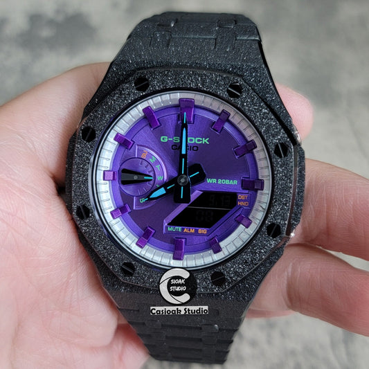 Casioak Mod Watch Frosted Black Case Metal Strap Silver Purple Time Mark Purple Dial 44mm- Casioak Mod Casio G-Shock Royal Oak Custom Mens Luxury Watches Ga2100