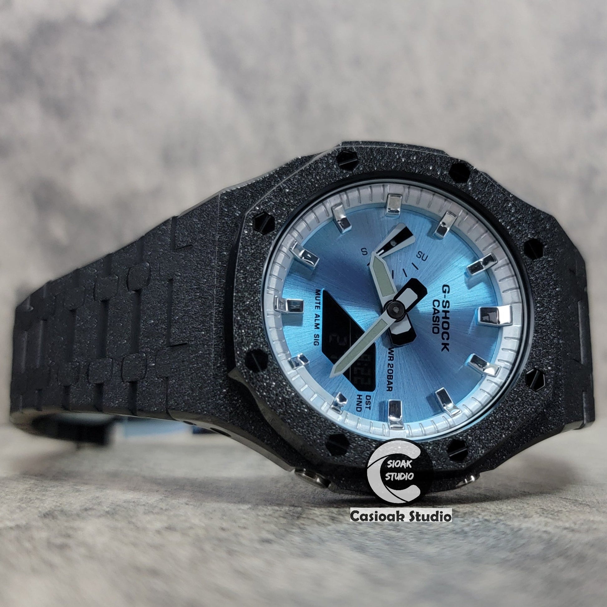 Casioak Mod Watch Frosted Black Case Metal Strap Silver Time Mark Ice Blue Dial 44mm- Casioak Mod Casio G-Shock Royal Oak Custom Mens Luxury Watches Ga2100