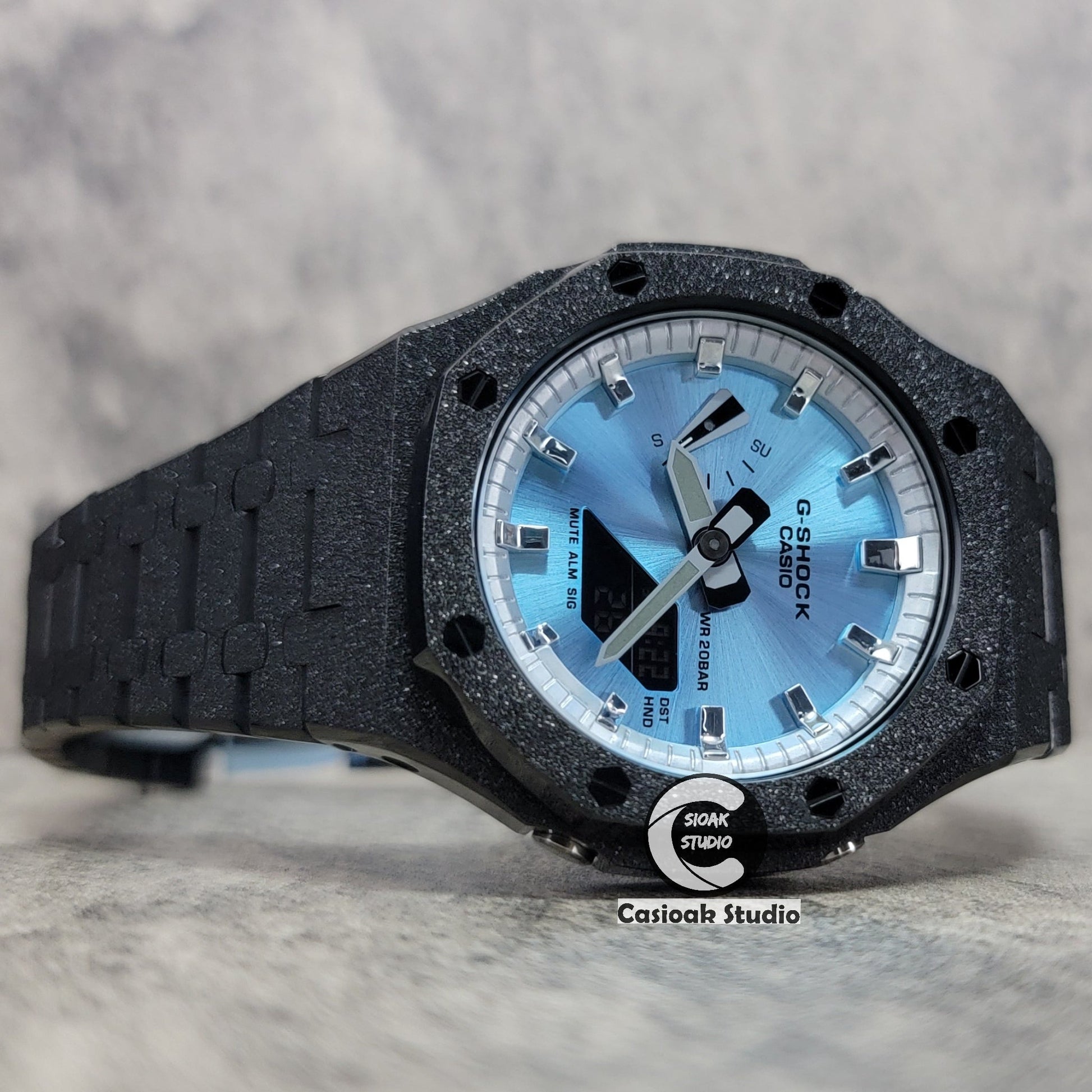 Casioak Mod Watch Frosted Black Case Metal Strap Silver Time Mark Ice Blue Dial 44mm- Casioak Mod Casio G-Shock Royal Oak Custom Mens Luxury Watches Ga2100