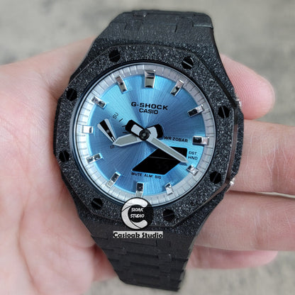 Casioak Mod Watch Frosted Black Case Metal Strap Silver Time Mark Ice Blue Dial 44mm- Casioak Mod Casio G-Shock Royal Oak Custom Mens Luxury Watches Ga2100