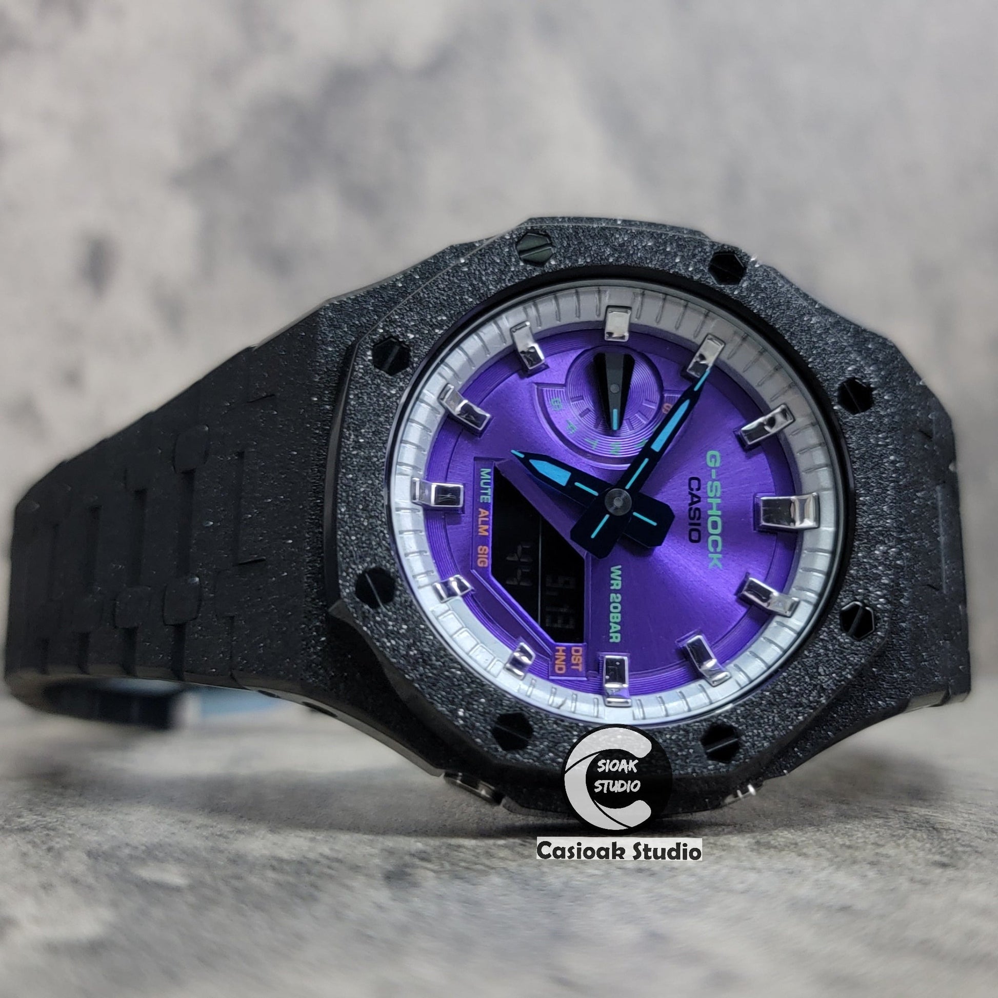 Casioak Mod Watch Frosted Black Case Metal Strap Silver Time Mark Purple Dial 44mm- Casioak Mod Casio G-Shock Royal Oak Custom Mens Luxury Watches Ga2100