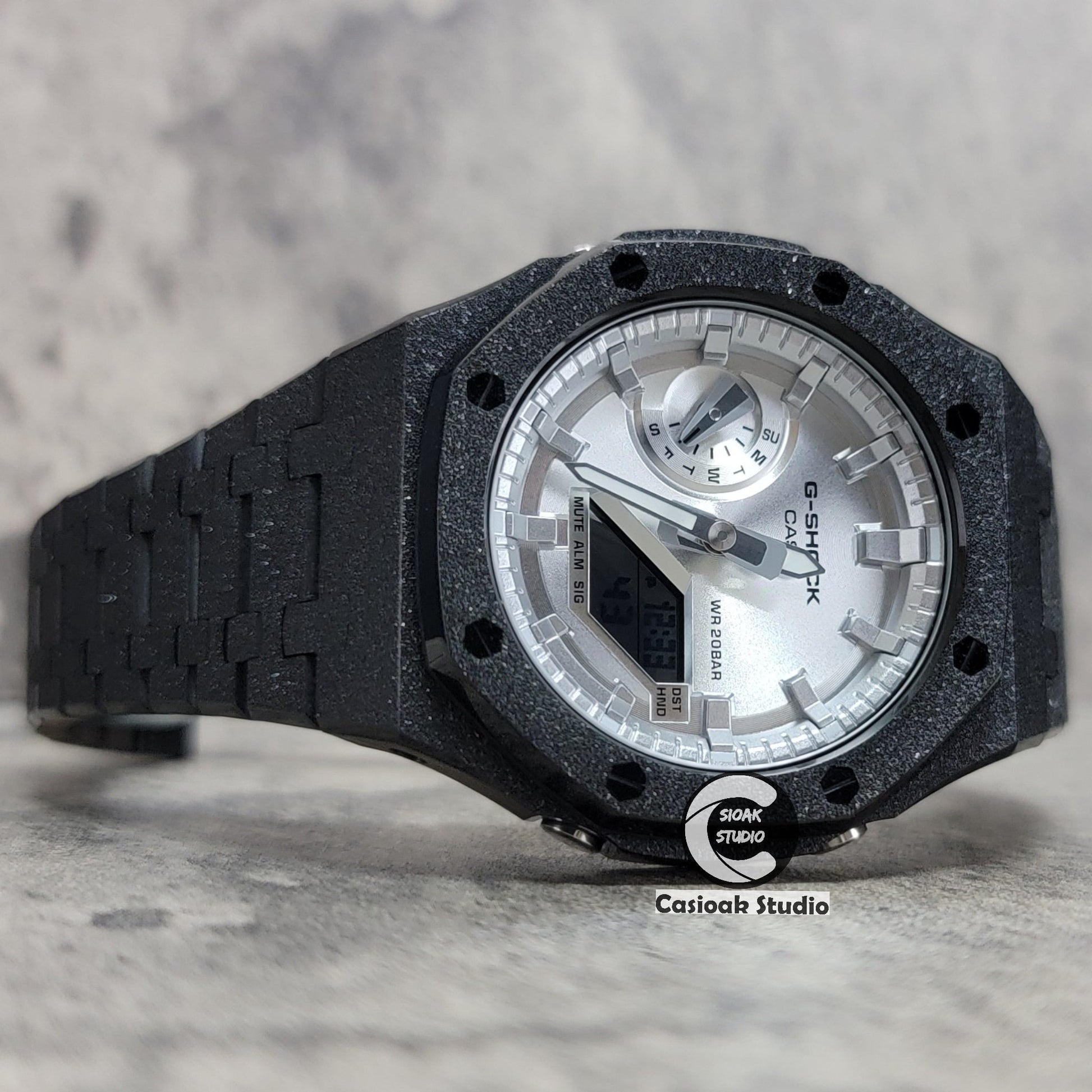 Casioak Mod Watch Frosted Black Case Metal Strap Silver Time Mark Silver Dial 44mm- Casioak Mod Casio G-Shock Royal Oak Custom Mens Luxury Watches Ga2100