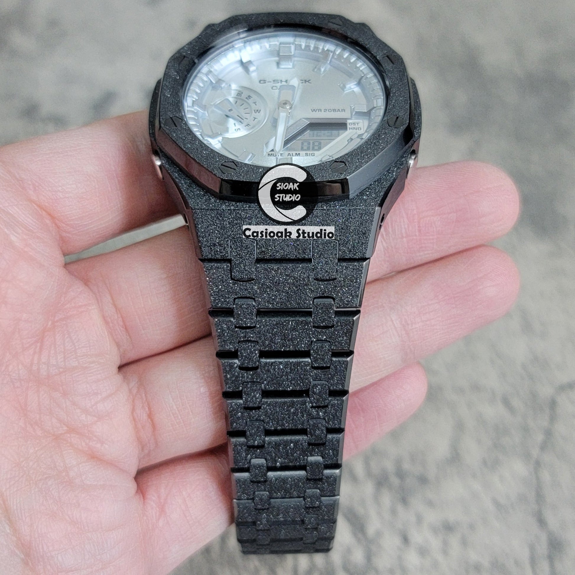 Casioak Mod Watch Frosted Black Case Metal Strap Silver Time Mark Silver Dial 44mm- Casioak Mod Casio G-Shock Royal Oak Custom Mens Luxury Watches Ga2100