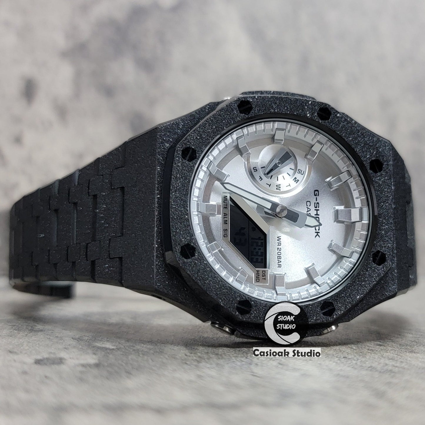 Casioak Mod Watch Frosted Black Case Metal Strap Silver Time Mark Silver Dial 44mm- Casioak Mod Casio G-Shock Royal Oak Custom Mens Luxury Watches Ga2100