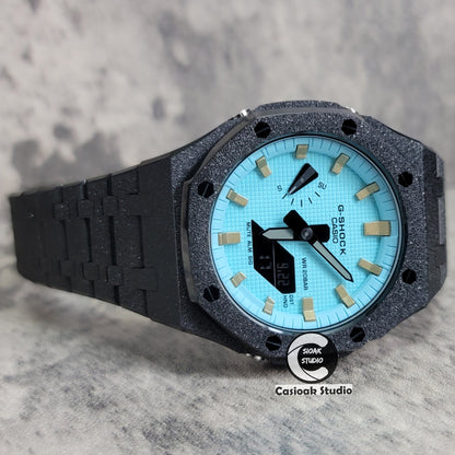 Casioak Mod Watch Frosted Black Case Metal Strap Tiff Gold Time Mark Tiff Blue Dial 44mm- Casioak Mod Casio G-Shock Royal Oak Custom Mens Luxury Watches Ga2100