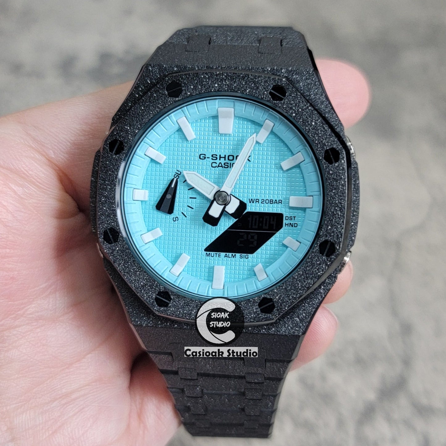 Casioak Mod Watch Frosted Black Case Metal Strap Tiff White Time Mark Tiff Blue Dial 44mm- Casioak Mod Casio G-Shock Royal Oak Custom Mens Luxury Watches Ga2100