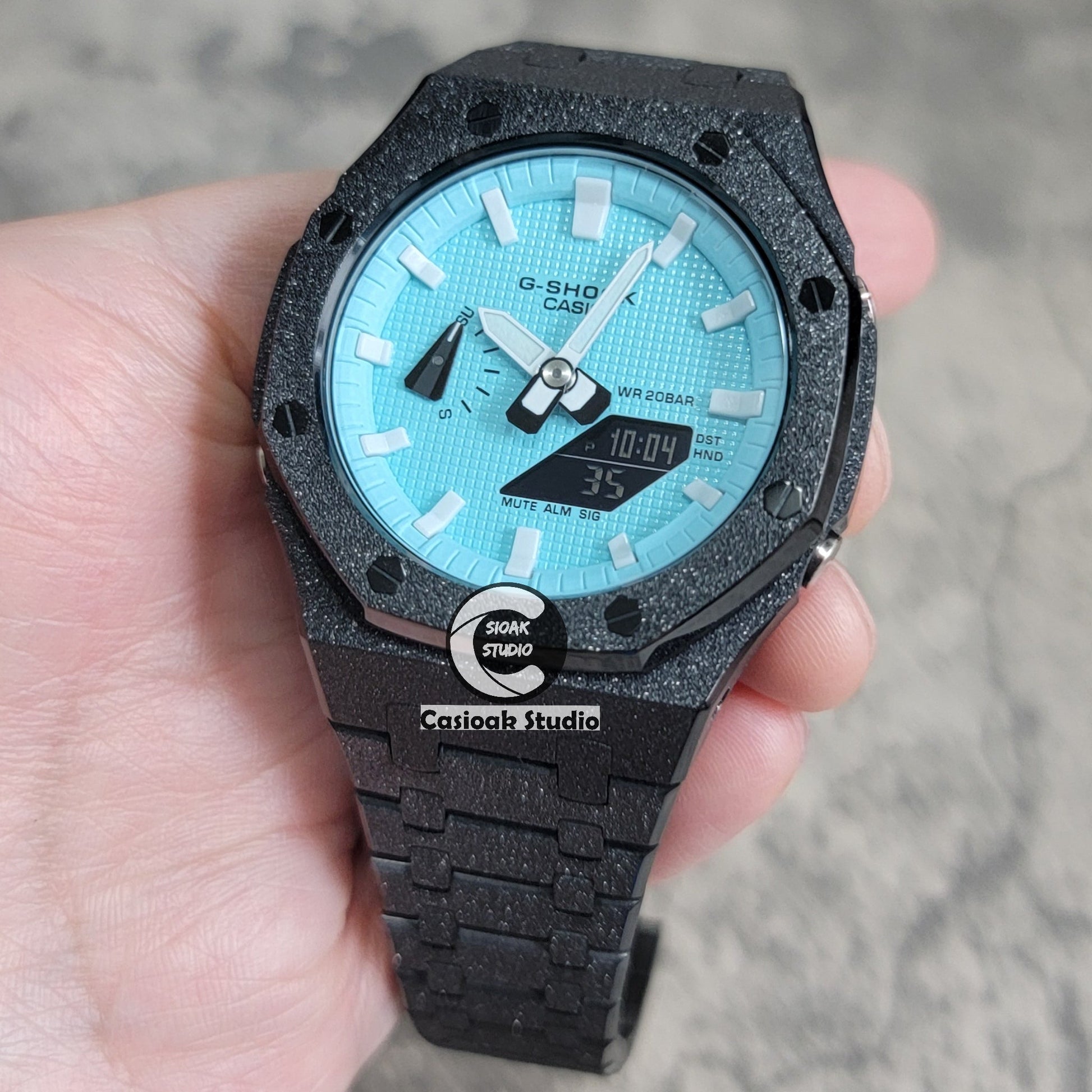 Casioak Mod Watch Frosted Black Case Metal Strap Tiff White Time Mark Tiff Blue Dial 44mm- Casioak Mod Casio G-Shock Royal Oak Custom Mens Luxury Watches Ga2100