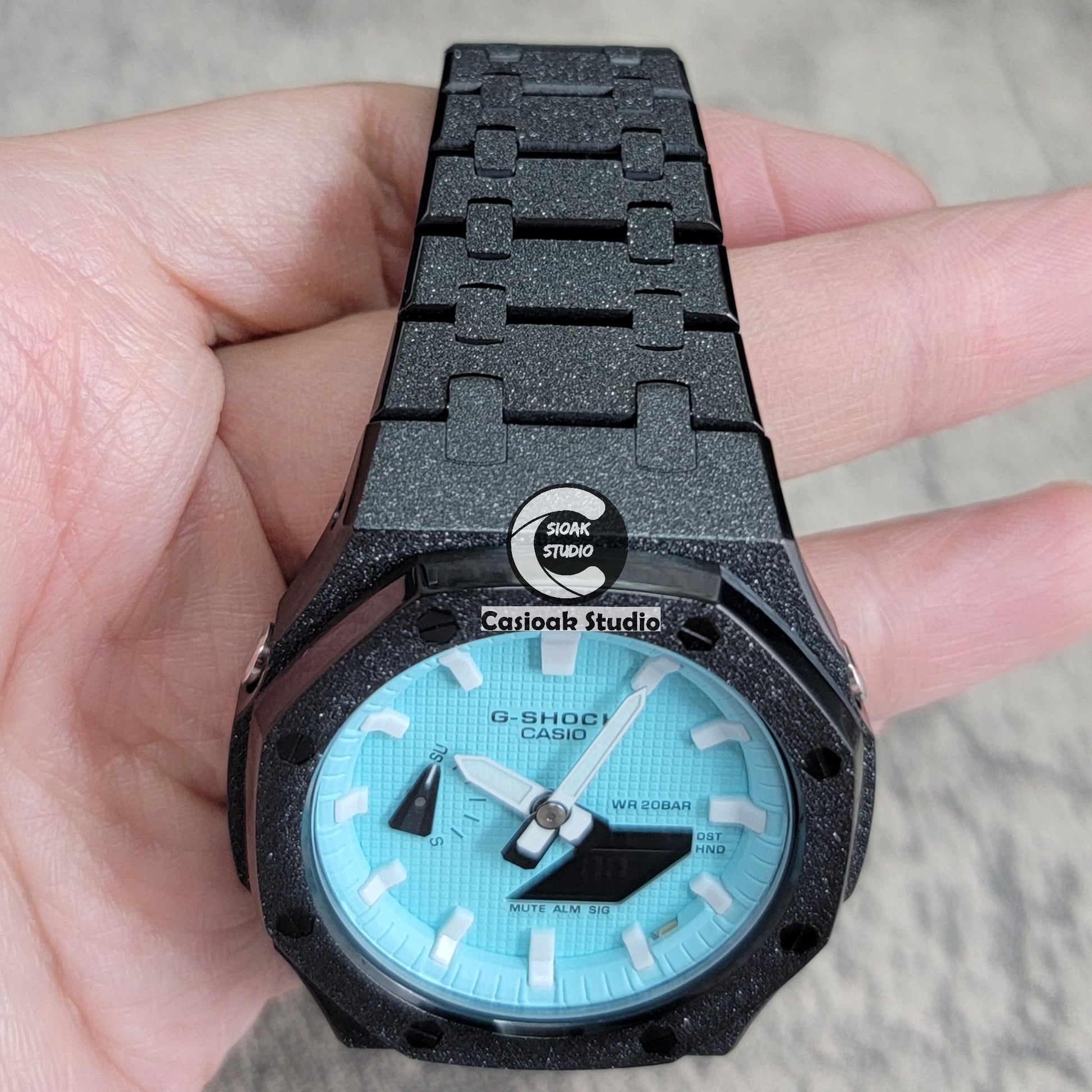 Casioak Mod Watch Frosted Black Case Metal Strap Tiff White Time Mark Tiff Blue Dial 44mm- Casioak Mod Casio G-Shock Royal Oak Custom Mens Luxury Watches Ga2100