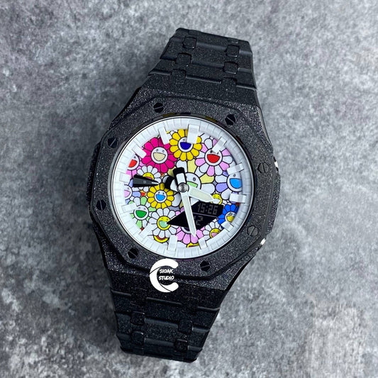 Casioak Mod Watch Frosted Black Case Metal Strap White Time Mark Takashi Murakami Dial 44mm- Casioak Mod Casio G-Shock Royal Oak Custom Mens Luxury Watches Ga2100