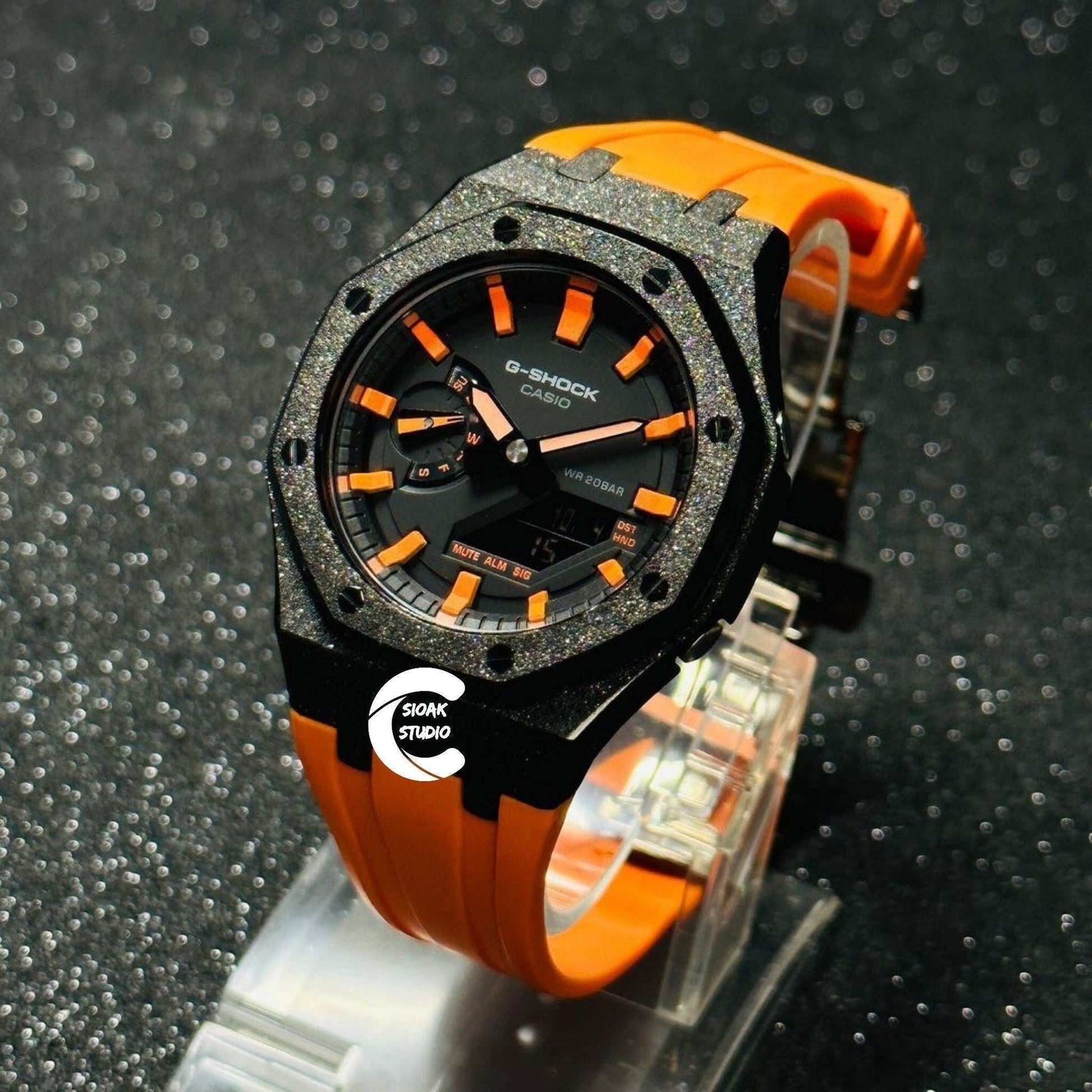 Casioak Mod Watch Frosted Black Case Rubber Strap Strap Black Orange Time Mark Black Dial 44mm- Casioak Mod Casio G-Shock Royal Oak Custom Mens Luxury Watches Ga2100