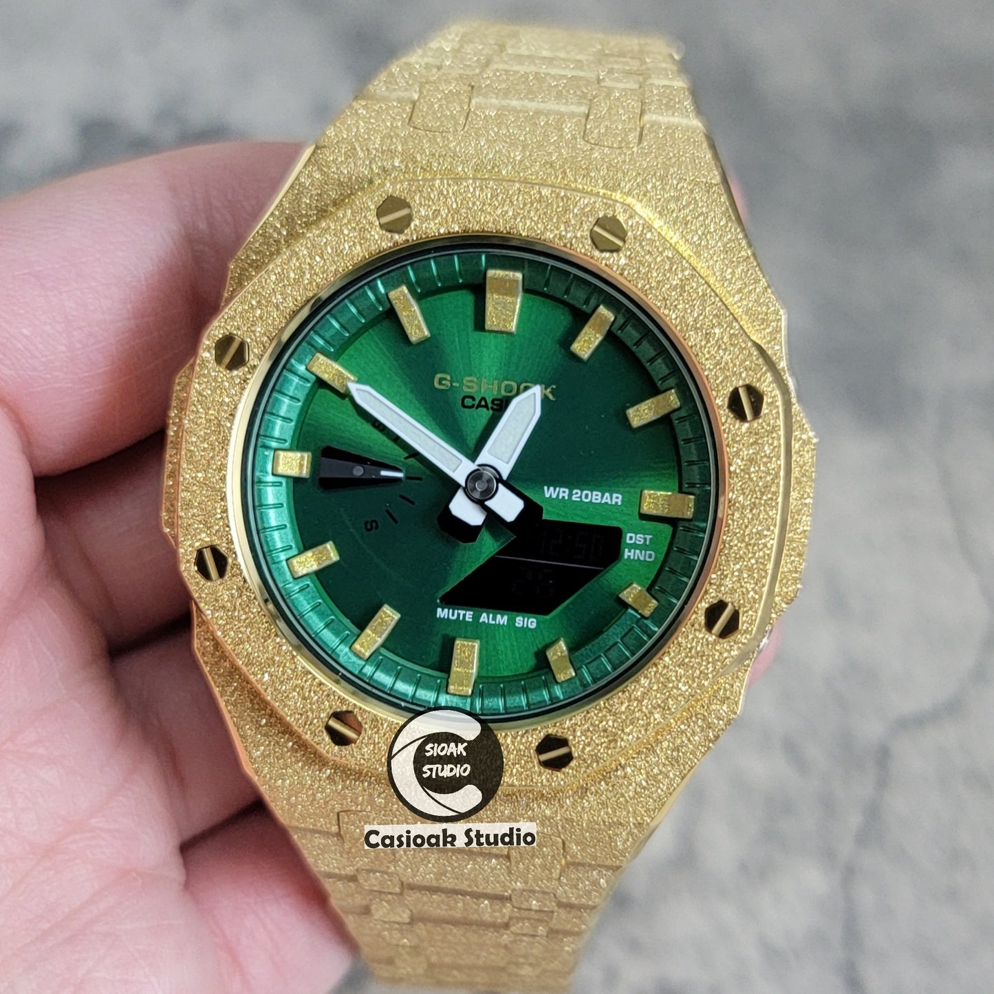 Casioak Mod Watch Frosted Glod Case Metal Strap Green Gold Time Mark Green Dial 44mm- Casioak Mod Casio G-Shock Royal Oak Custom Mens Luxury Watches Ga2100