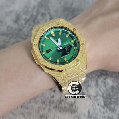 Casioak Mod Watch Frosted Glod Case Metal Strap Green Gold Time Mark Green Dial 44mm- Casioak Mod Casio G-Shock Royal Oak Custom Mens Luxury Watches Ga2100