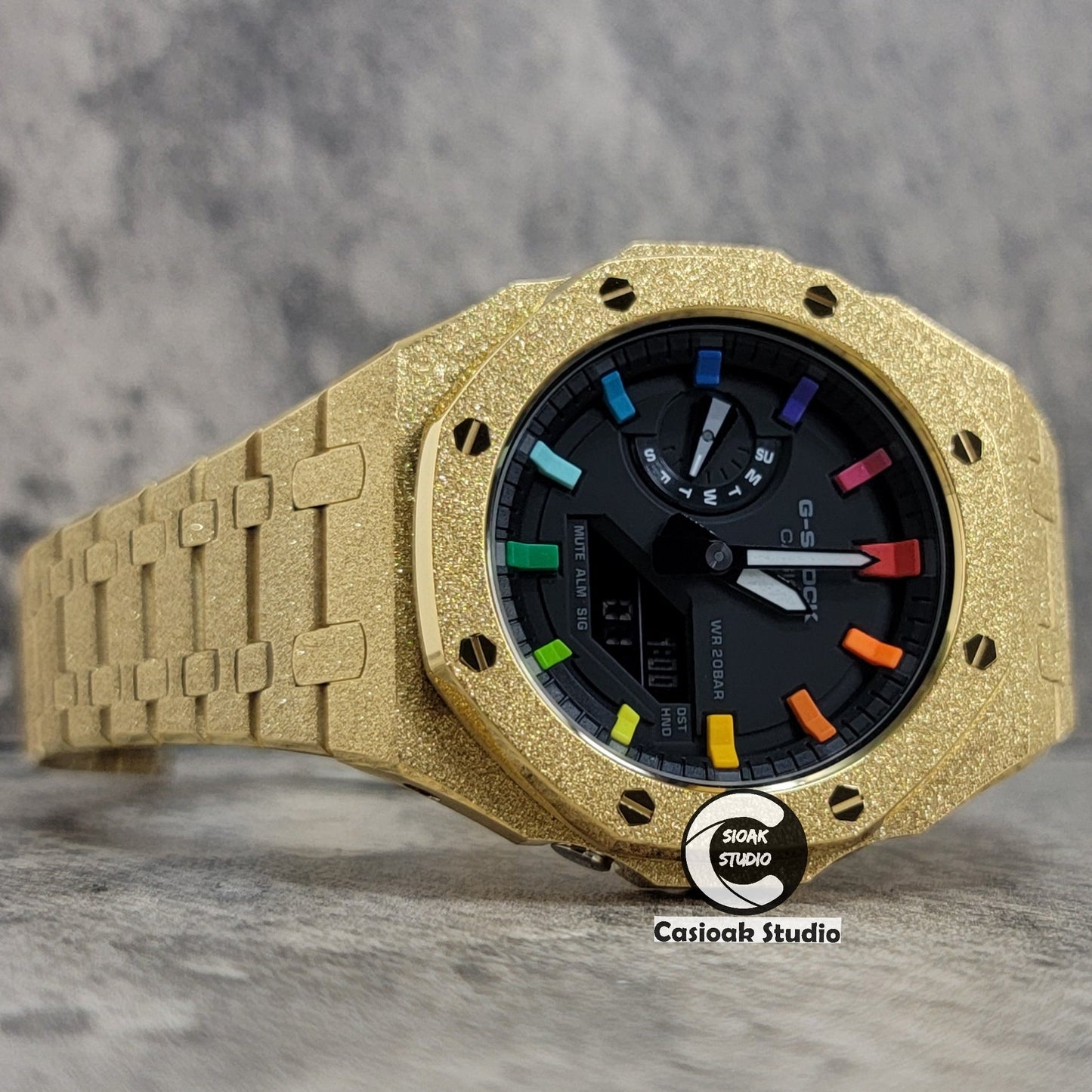 Casioak Mod Watch Frosted Gold Case Metal Strap Black Rainbow Time Mark Black Dial 44mm- Casioak Mod Casio G-Shock Royal Oak Custom Mens Luxury Watches Ga2100